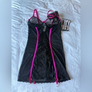 NWT Escante Black Pink Lace Lingerie Set w/ Matching Stockings Size S Babydoll